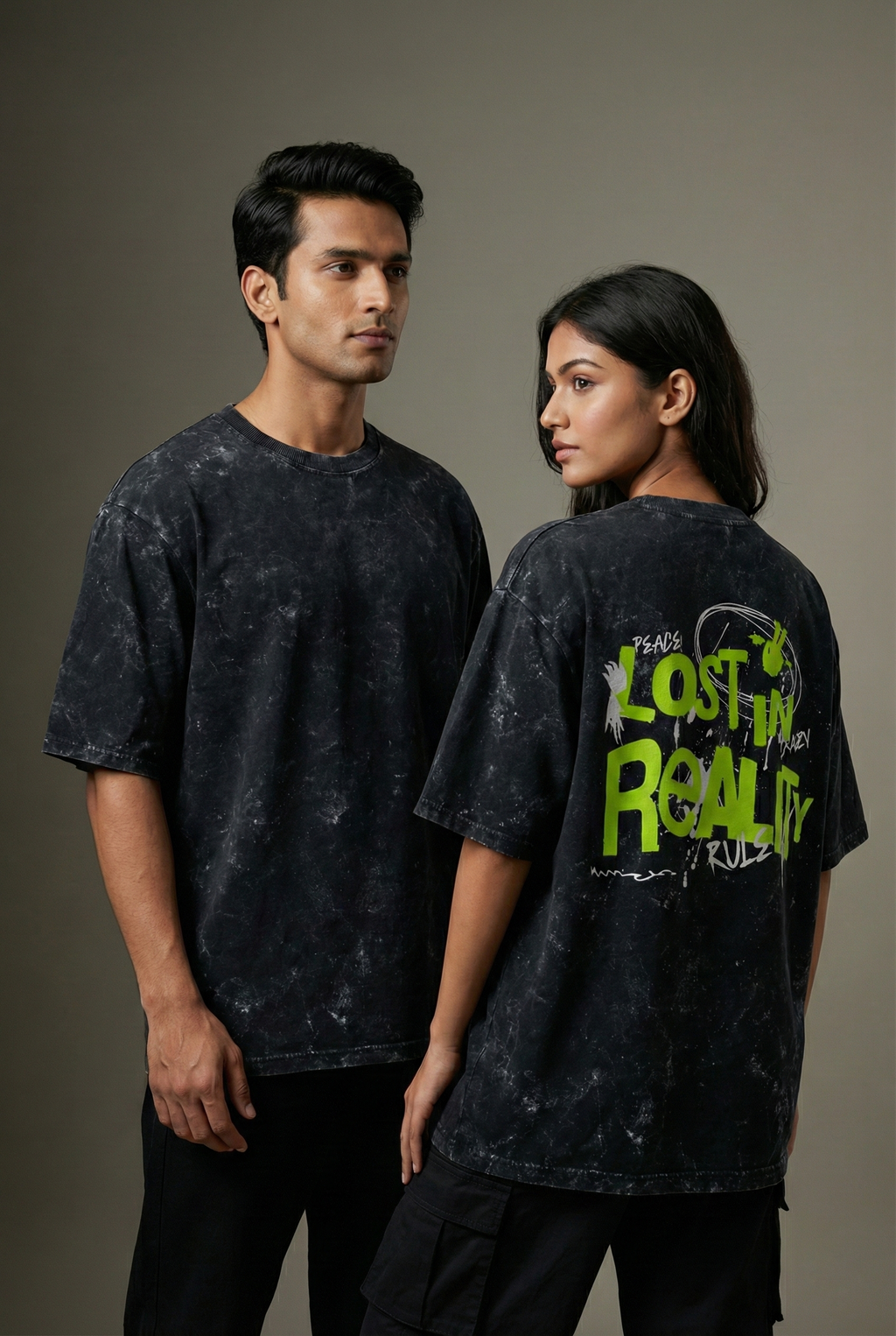 "Lost In Reality" Neon Graphic Acid Wash Oversized Tee