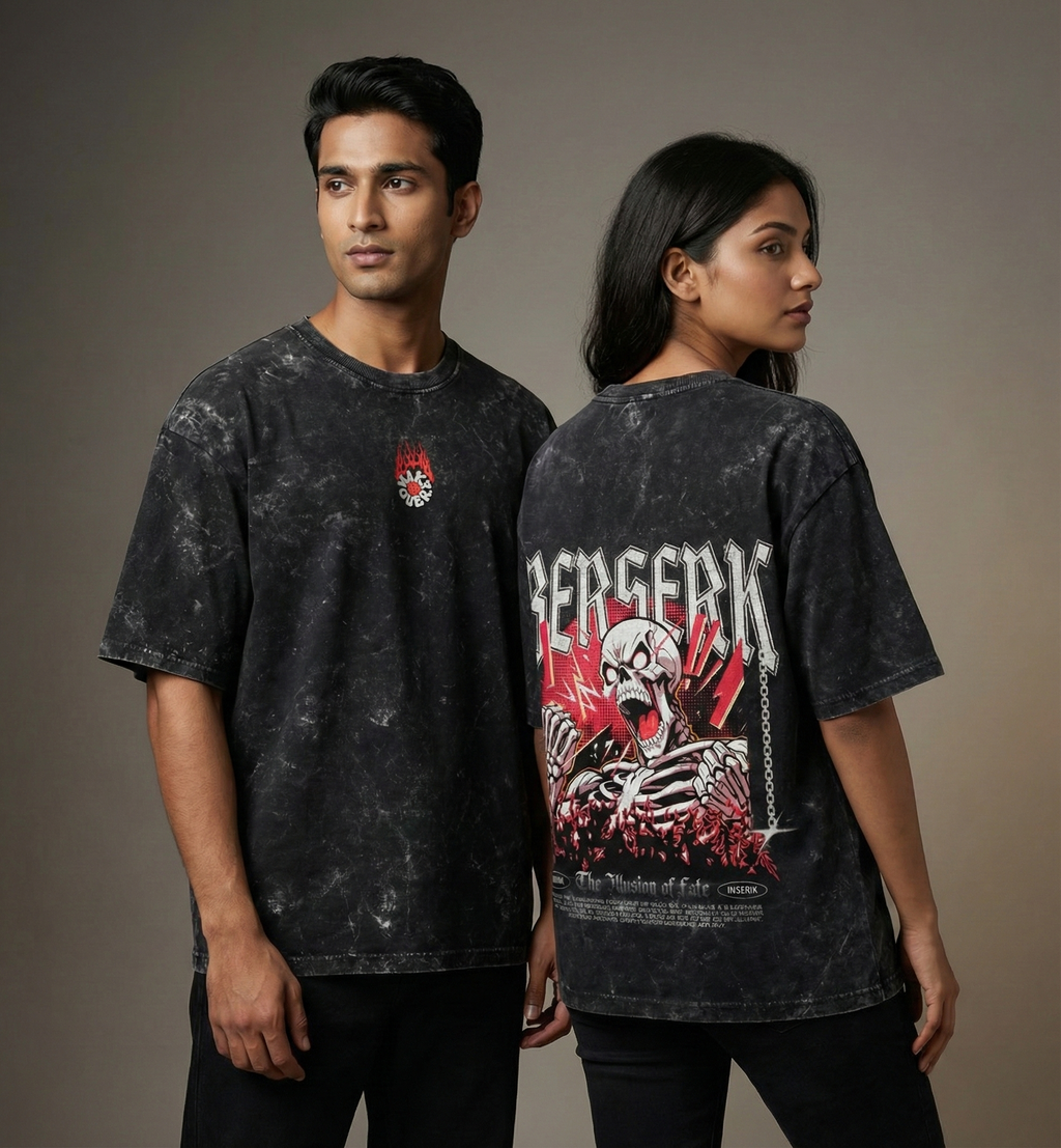 "BERSERK" Skeleton Graphic Acid Wash Oversized Tee