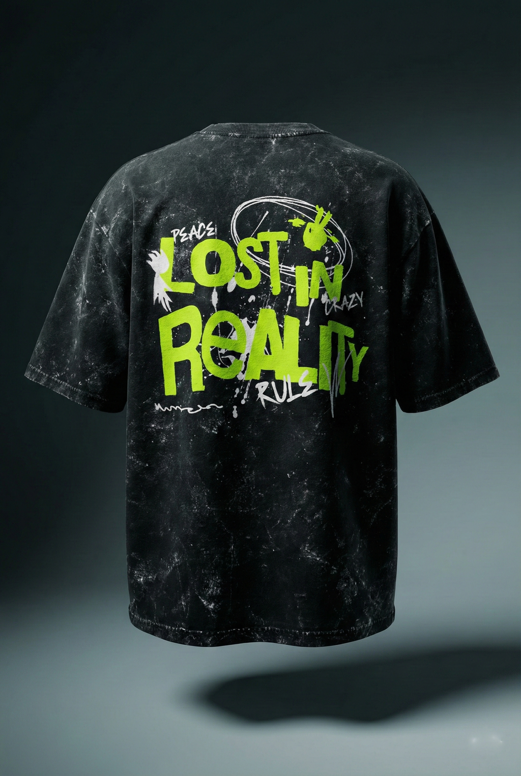 "Lost In Reality" Neon Graphic Acid Wash Oversized Tee